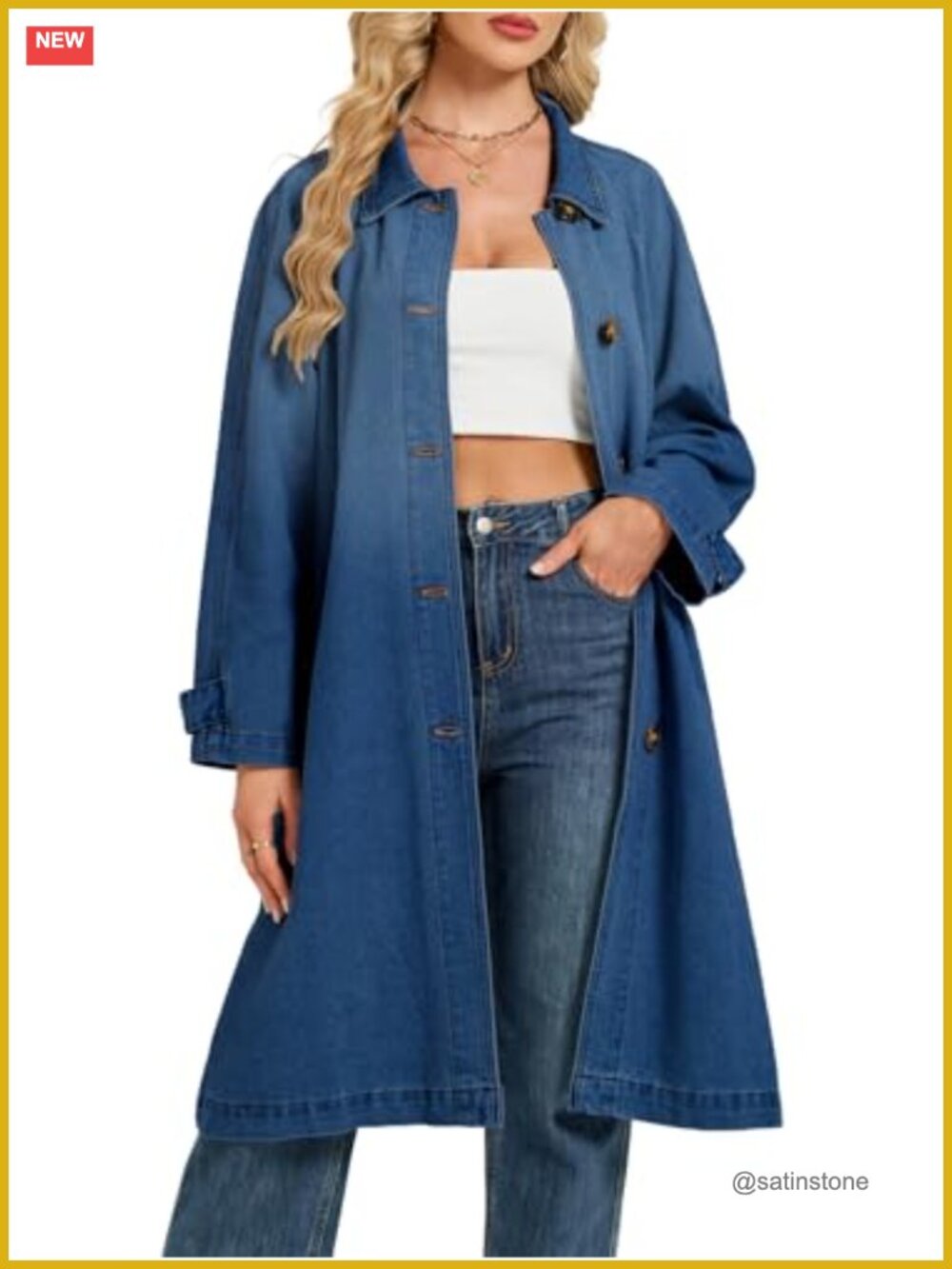 Denim Trench Coat Womens Long Midi Oversized Button Front Duster